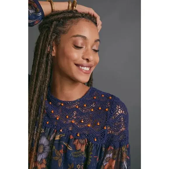 Anthropologie Mynahs Reynu Taandon Cristy Crotchet Beaded Blouse Boho Peasant XS - Picture 5 of 15